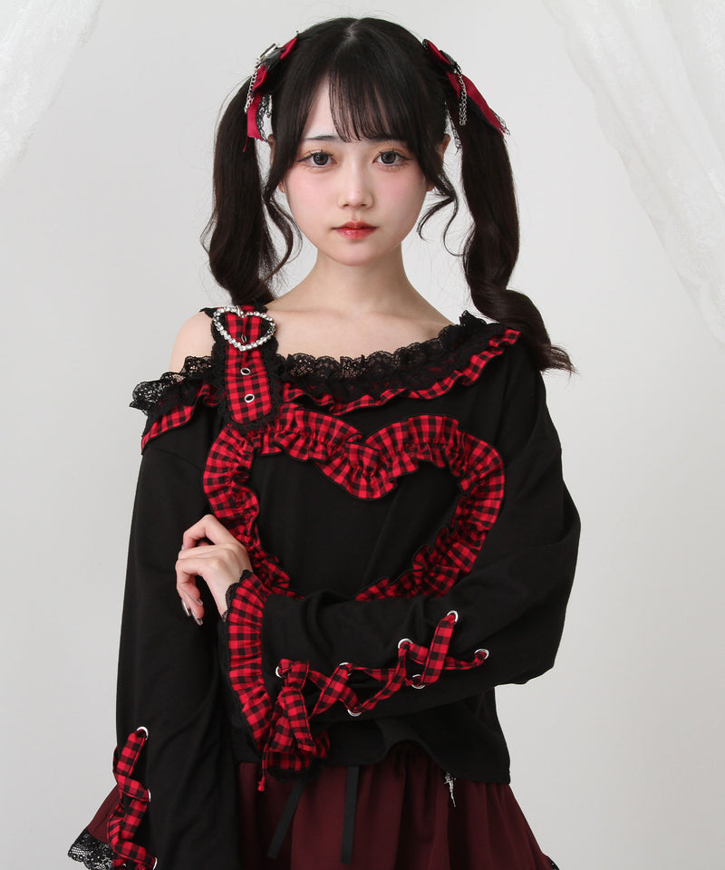 ワンショルダーハートレースフリルTシャツ