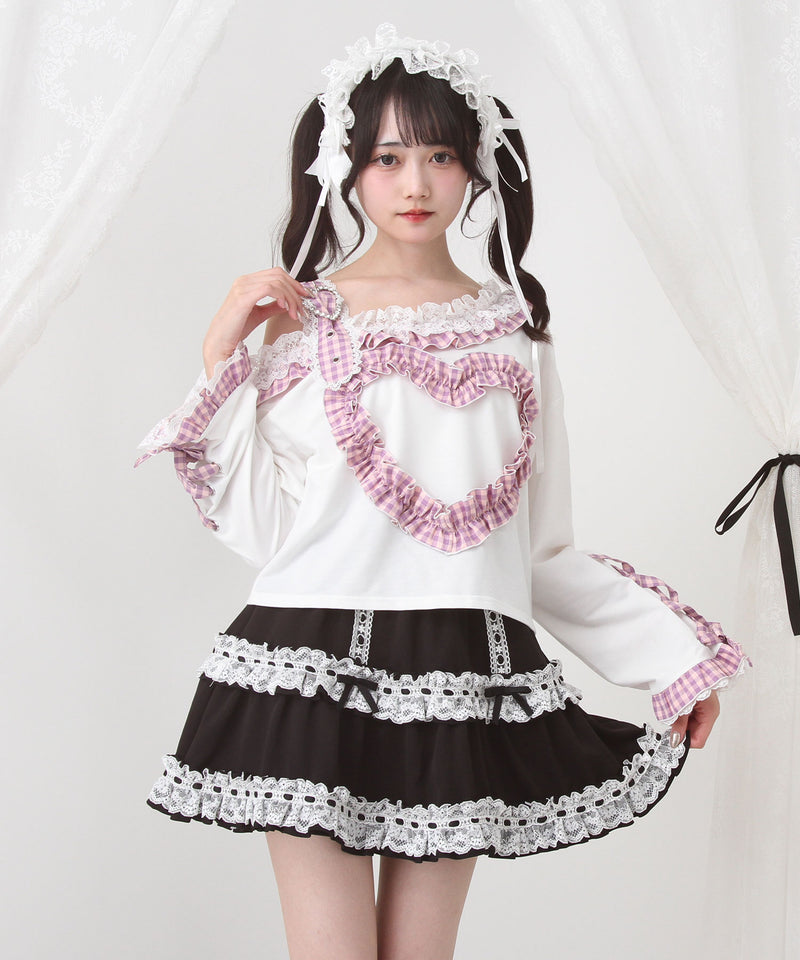 ワンショルダーハートレースフリルTシャツ