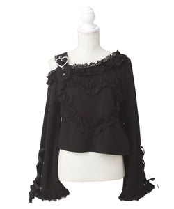 ワンショルダーハートレースフリルTシャツ