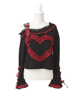 ワンショルダーハートレースフリルTシャツ