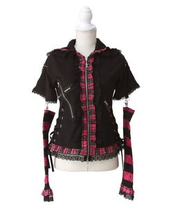 猫耳チェックフリルクモレースパンクショートトップス