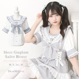 シアーギンガムフリルレースリボンセーラーブラウス