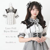 レース重ねフリルリボンビジューブラウス