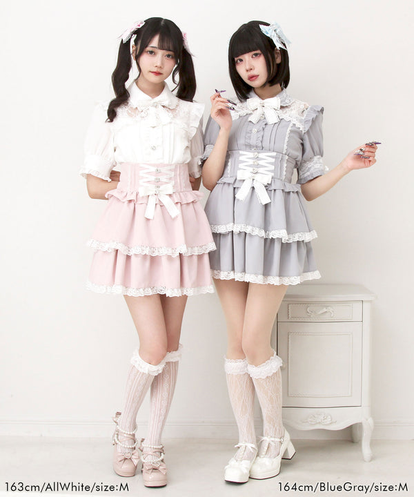 レース重ねフリルリボンビジューブラウス