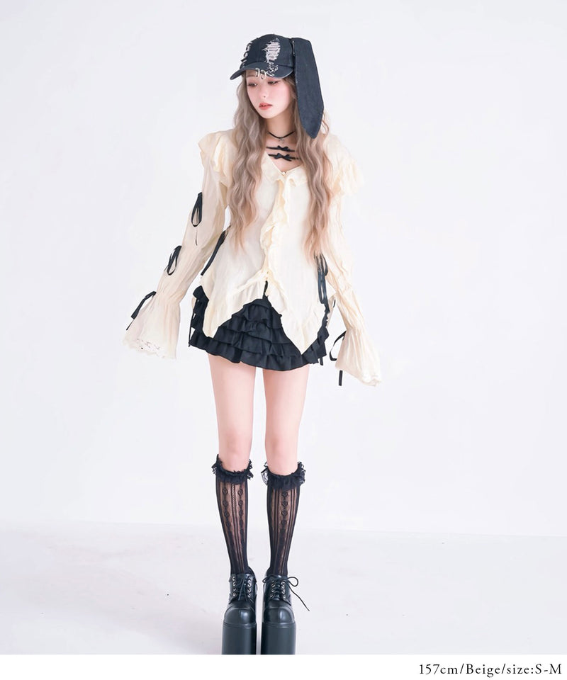 レースアップリボンサブカルフルフリシャツブラウス – レディース