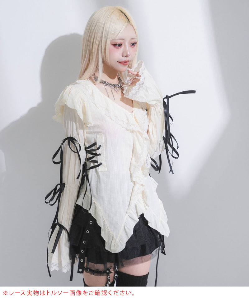 レースアップリボンサブカルフルフリシャツブラウス