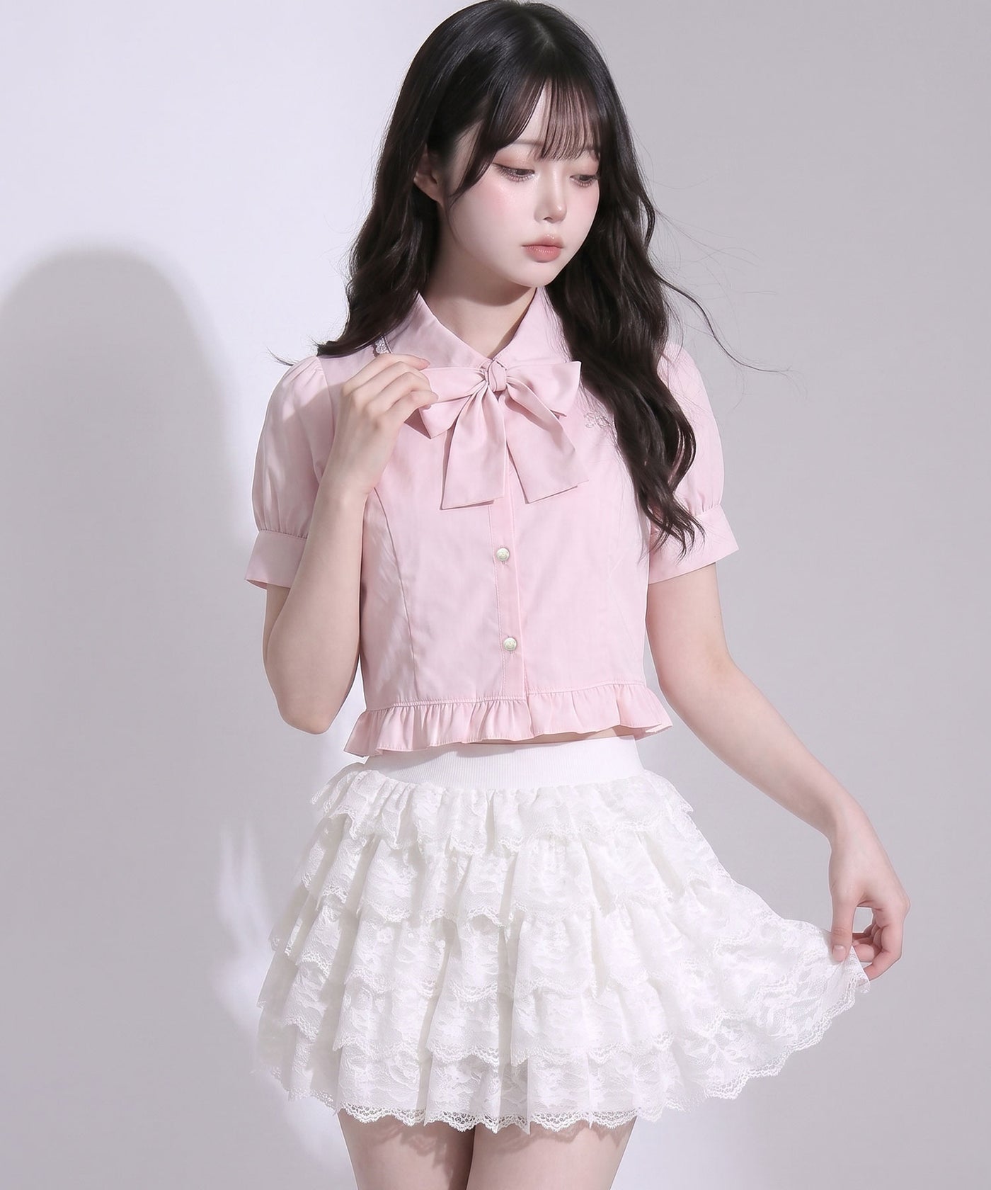 2buy10%OFF対象】マルチリボン付角襟ショートブラウス【大きいサイズ