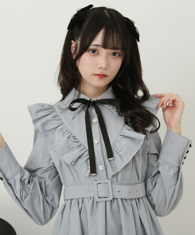 【予約　8/27発送】ビジュー襟フリルギャザーシャツワンピース