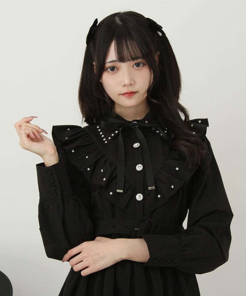 【予約　8/27発送】ビジュー襟フリルギャザーシャツワンピース