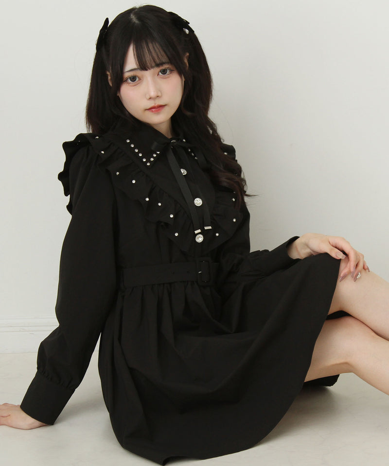 【予約　8/27発送】ビジュー襟フリルギャザーシャツワンピース