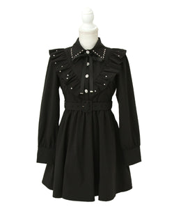 ビジュー襟フリルギャザーシャツワンピース