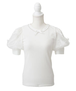 パールネックレスリボンパフ袖トップス