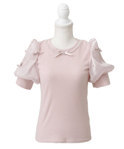 パールネックレスリボンパフ袖トップス