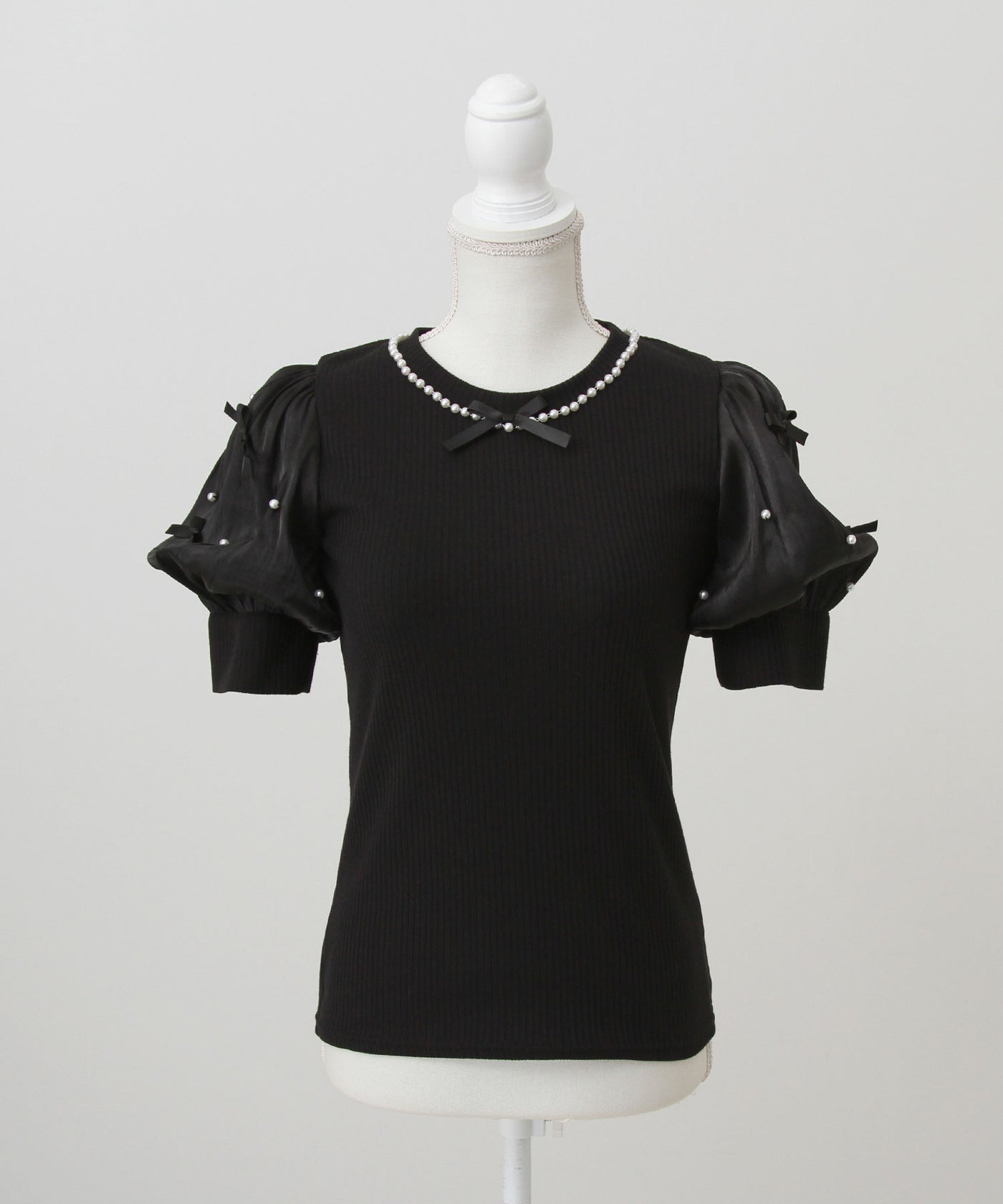 tシャツ パールネックレスリボンパフ袖トップス レディース パールネックレスリボンパフ袖トップス – レディース