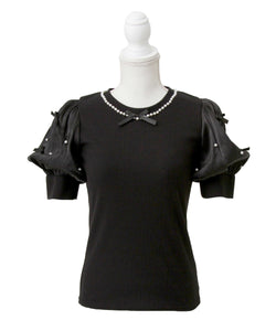 パールネックレスリボンパフ袖トップス