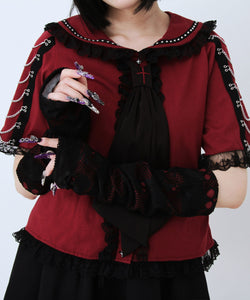 闇セーラー襟十字架スカーフチェーンストライプアームカバートップス