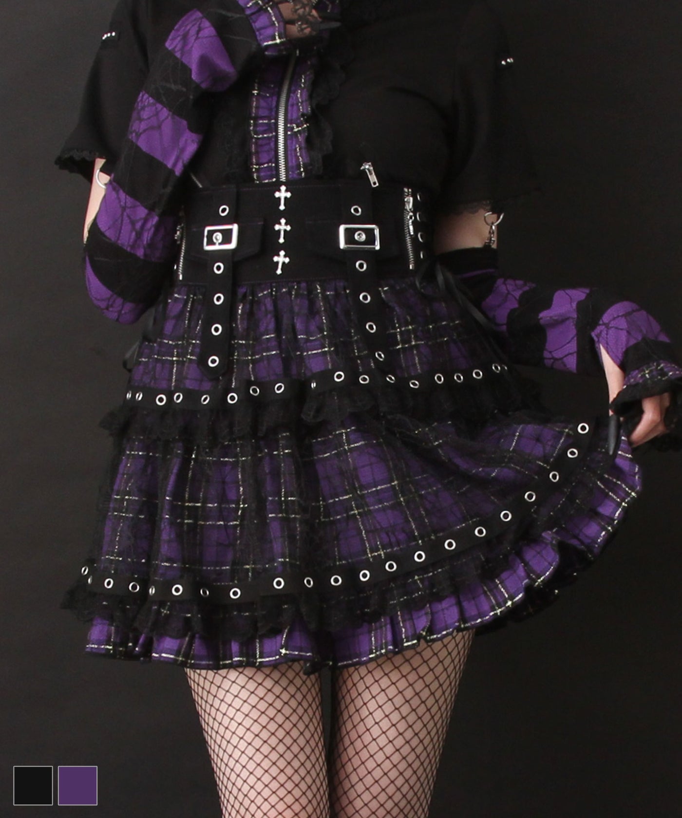 アナスイ黒Tシャツと紫チェックスカートセット 2buy20%OFF対象】十字架クモレースチェックティアード風スカート