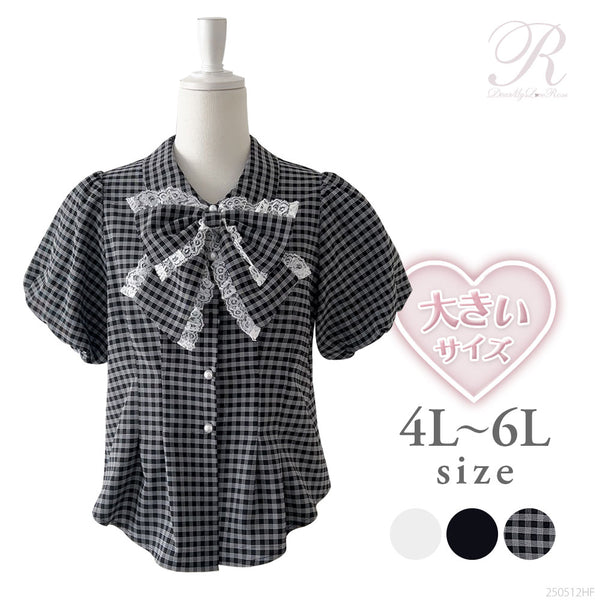 【4L-6L】リボン付角襟シャツブラウス