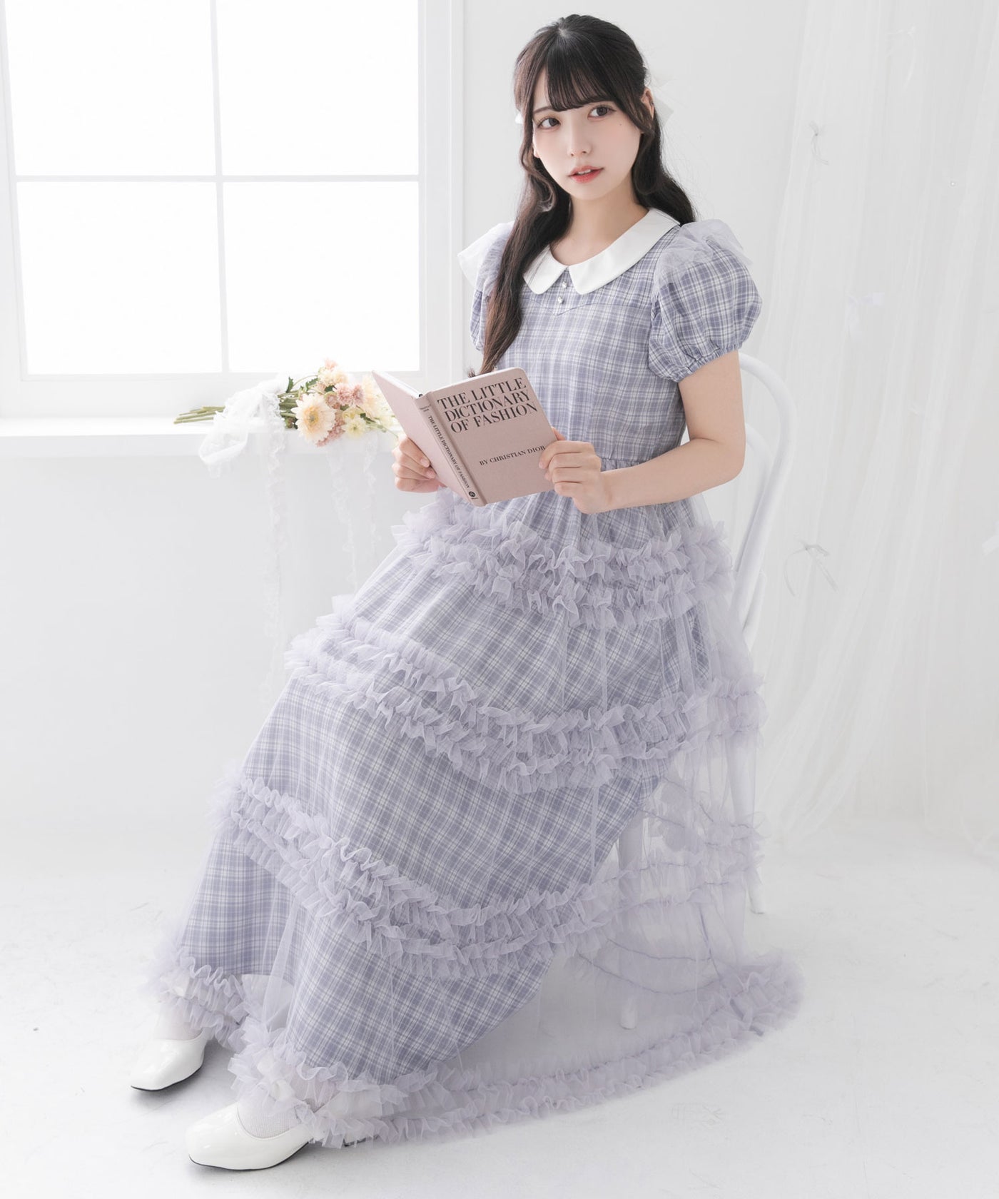 グレー チュール フリル ワンピース チュールドッキングフリルワンピース【大きいサイズ有り