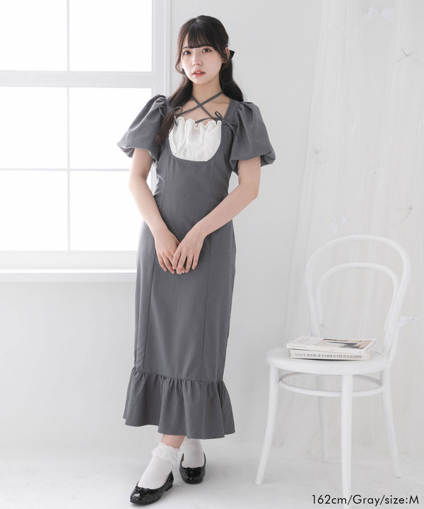 ヨークフリルバルーンスリーブマーメイドワンピース【大きいサイズ有り】