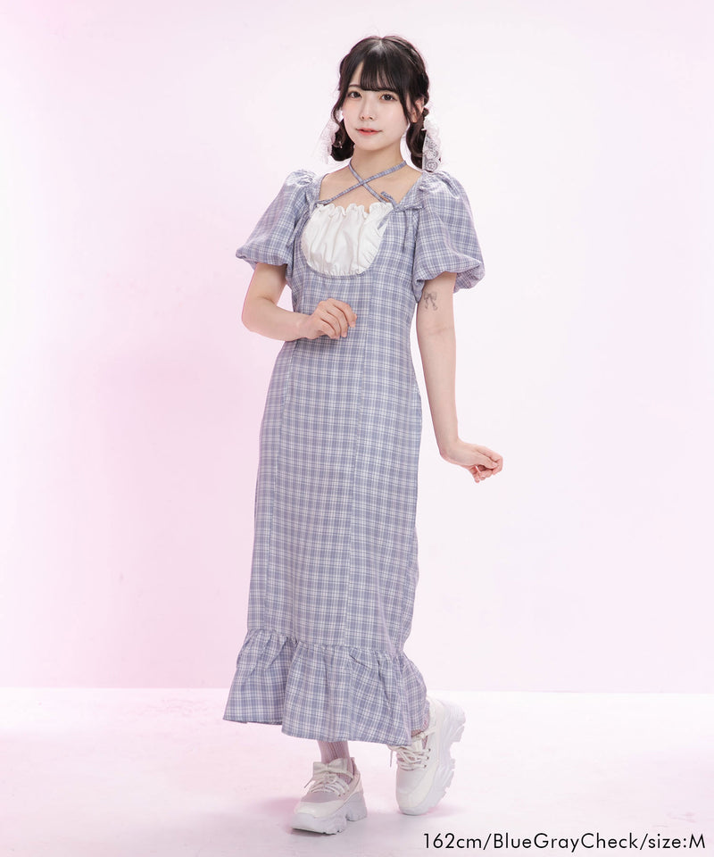 ヨークフリルバルーンスリーブマーメイドワンピース【大きいサイズ有り】