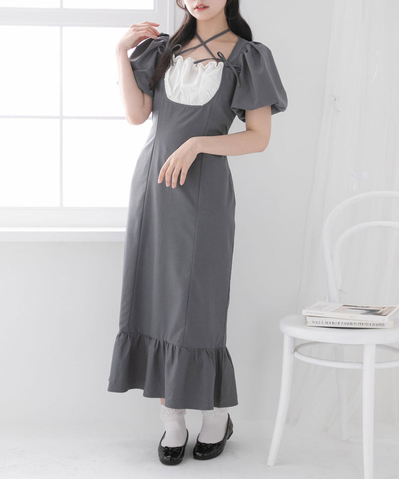 ヨークフリルバルーンスリーブマーメイドワンピース【大きいサイズ有り】