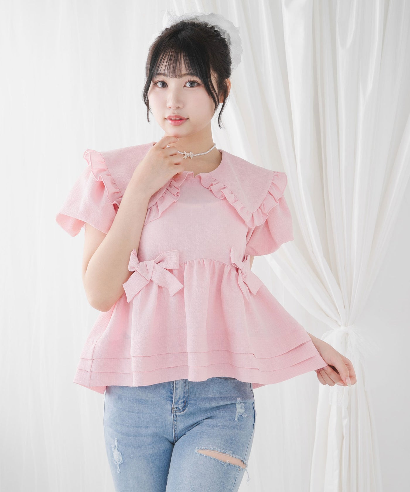 Bibiyフリル付きペプラムトップス 長袖 ピンク Bibiy. LOLA PEPURAMU