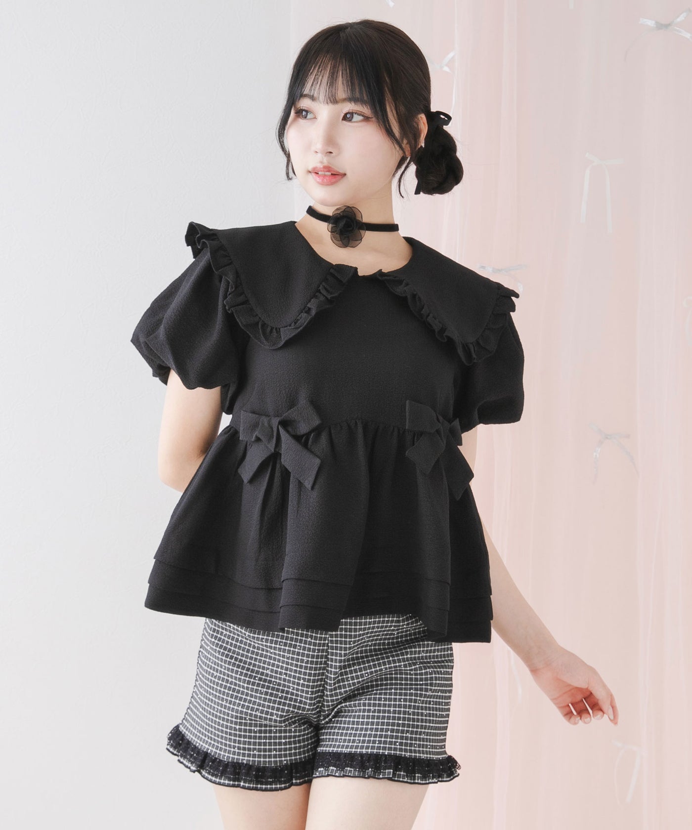 ビッグカラーリボンペプラムブラウス【大きいサイズ有り