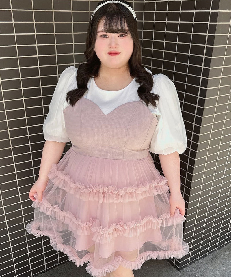 【4L-6L】チュールフリルドールティアードチュニックキャミワンピース