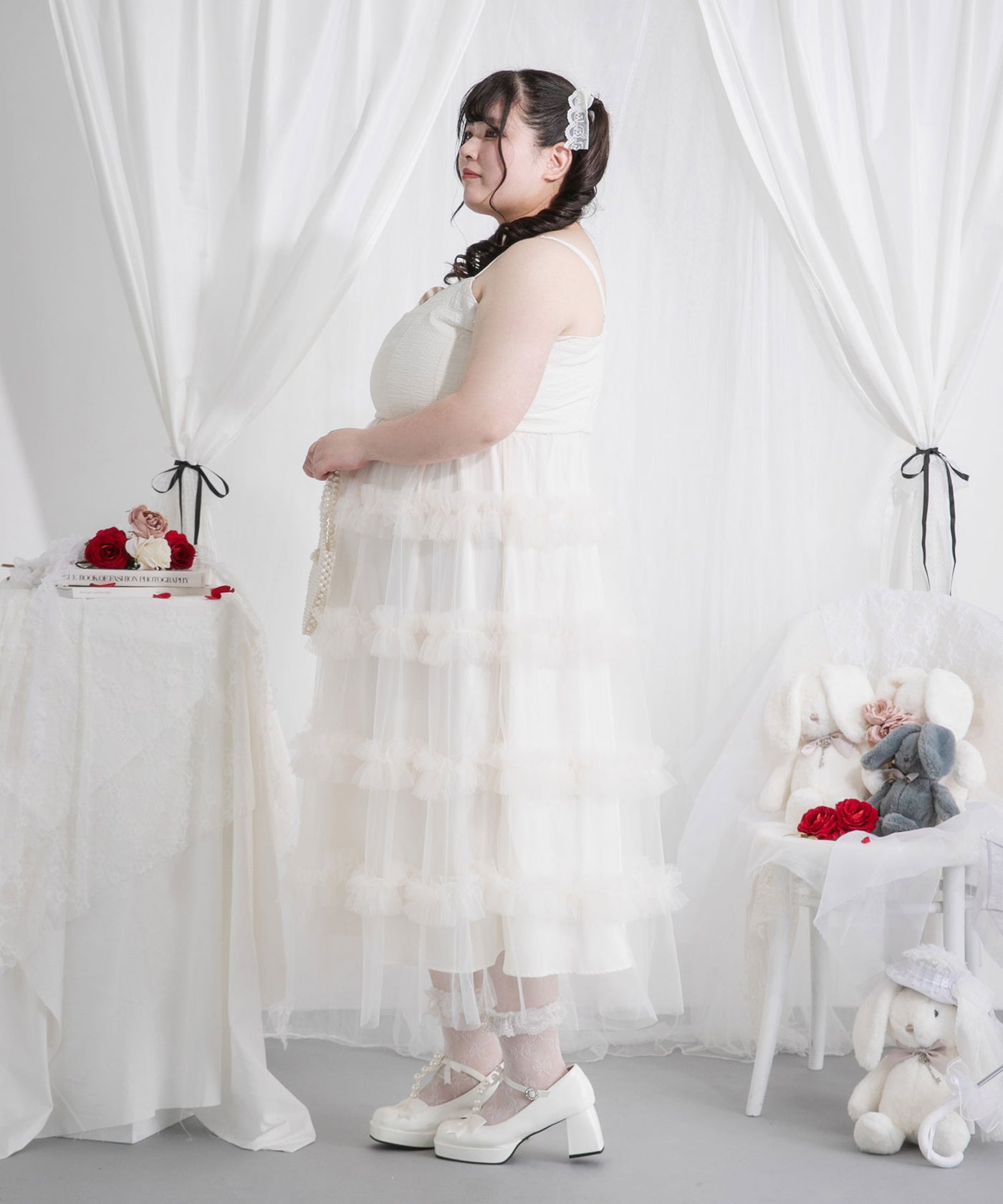 4L-6L】チュールフリルドールティアードキャミワンピース – レディース