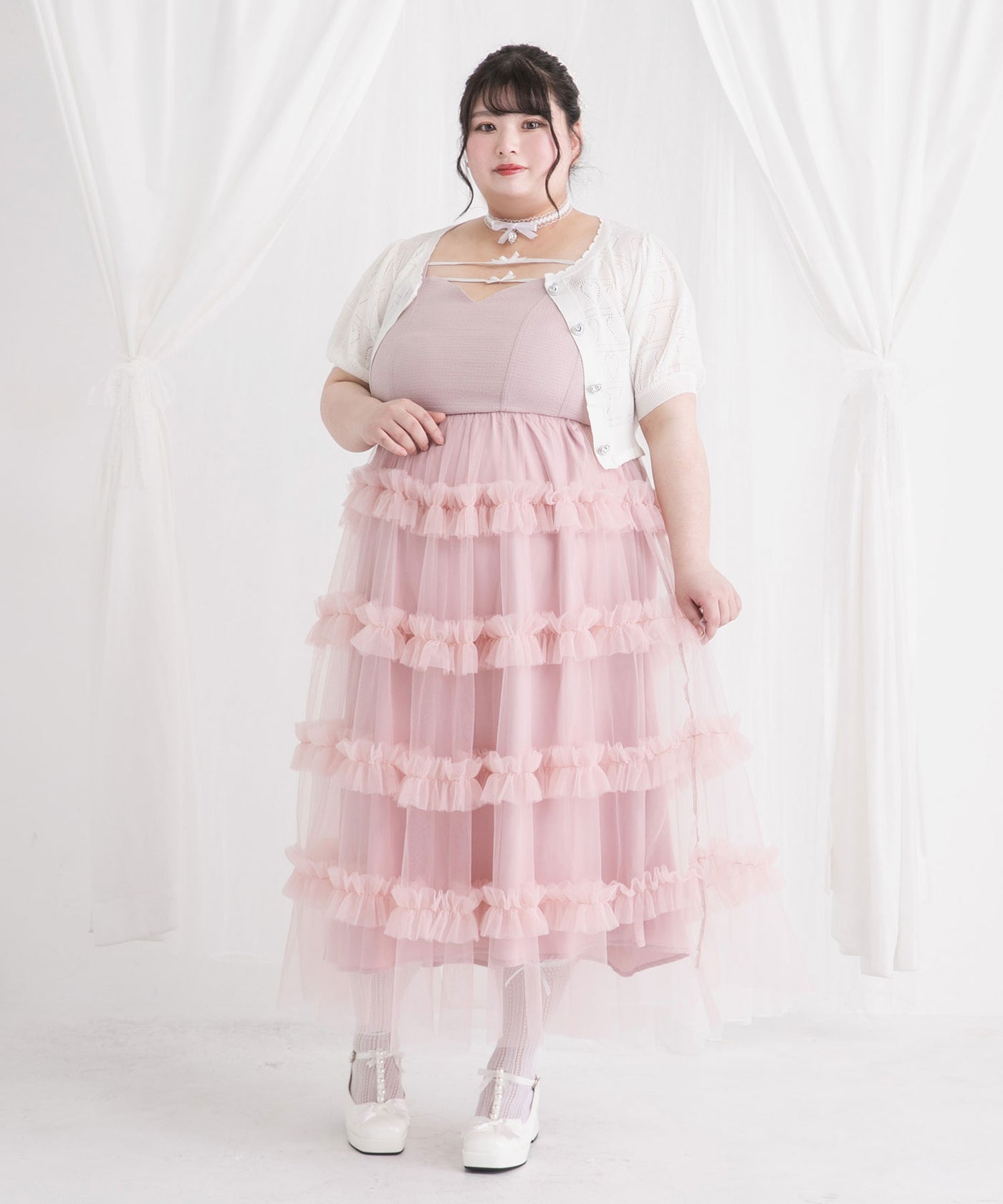 4L-6L】チュールフリルドールティアードキャミワンピース – レディース