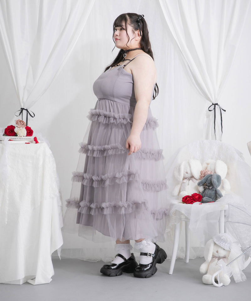 【4L-6L】チュールフリルドールティアードキャミワンピース