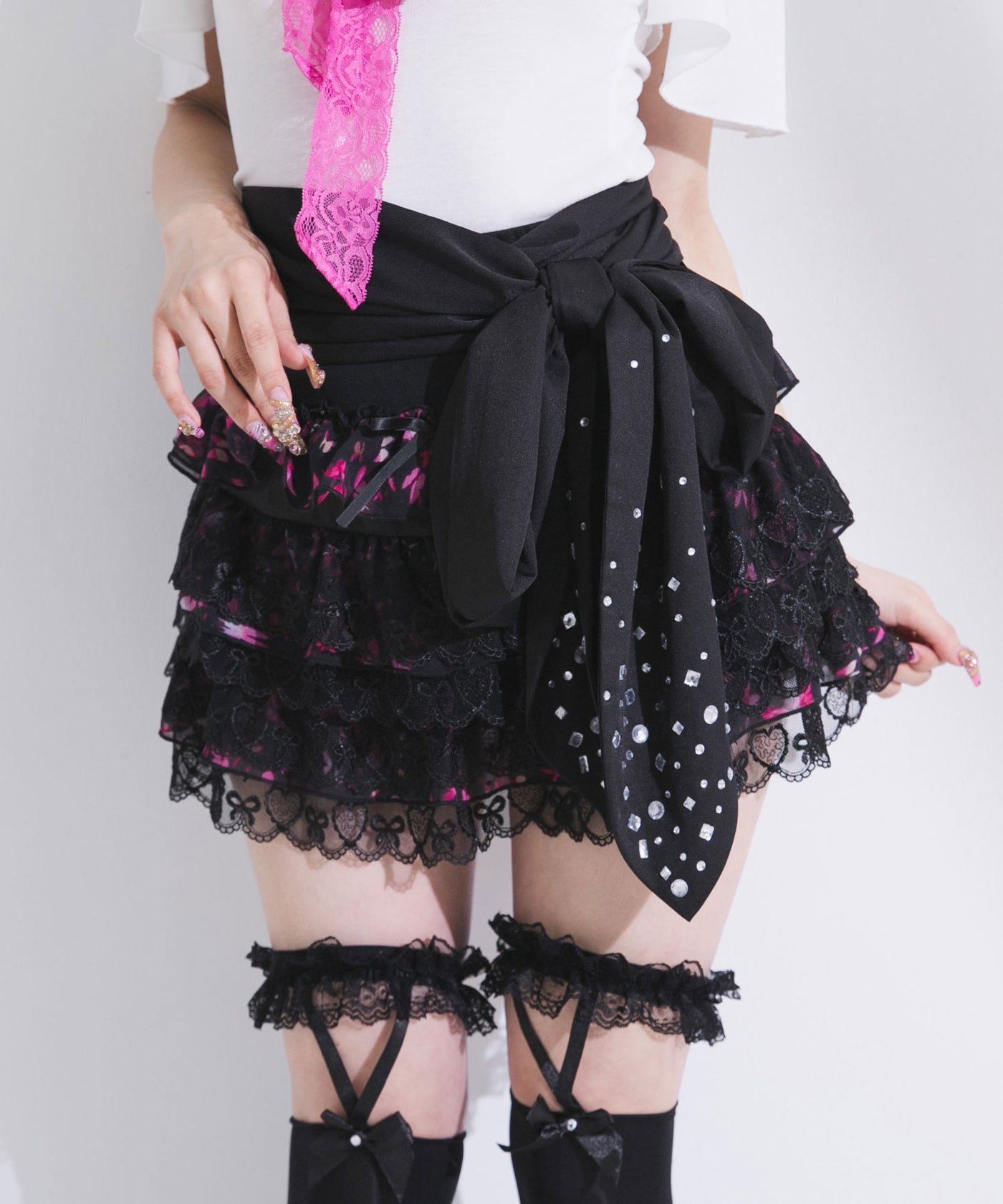 黒 花柄 レース ミニスカート 花柄レースティアードミニスカート【大きいサイズ有