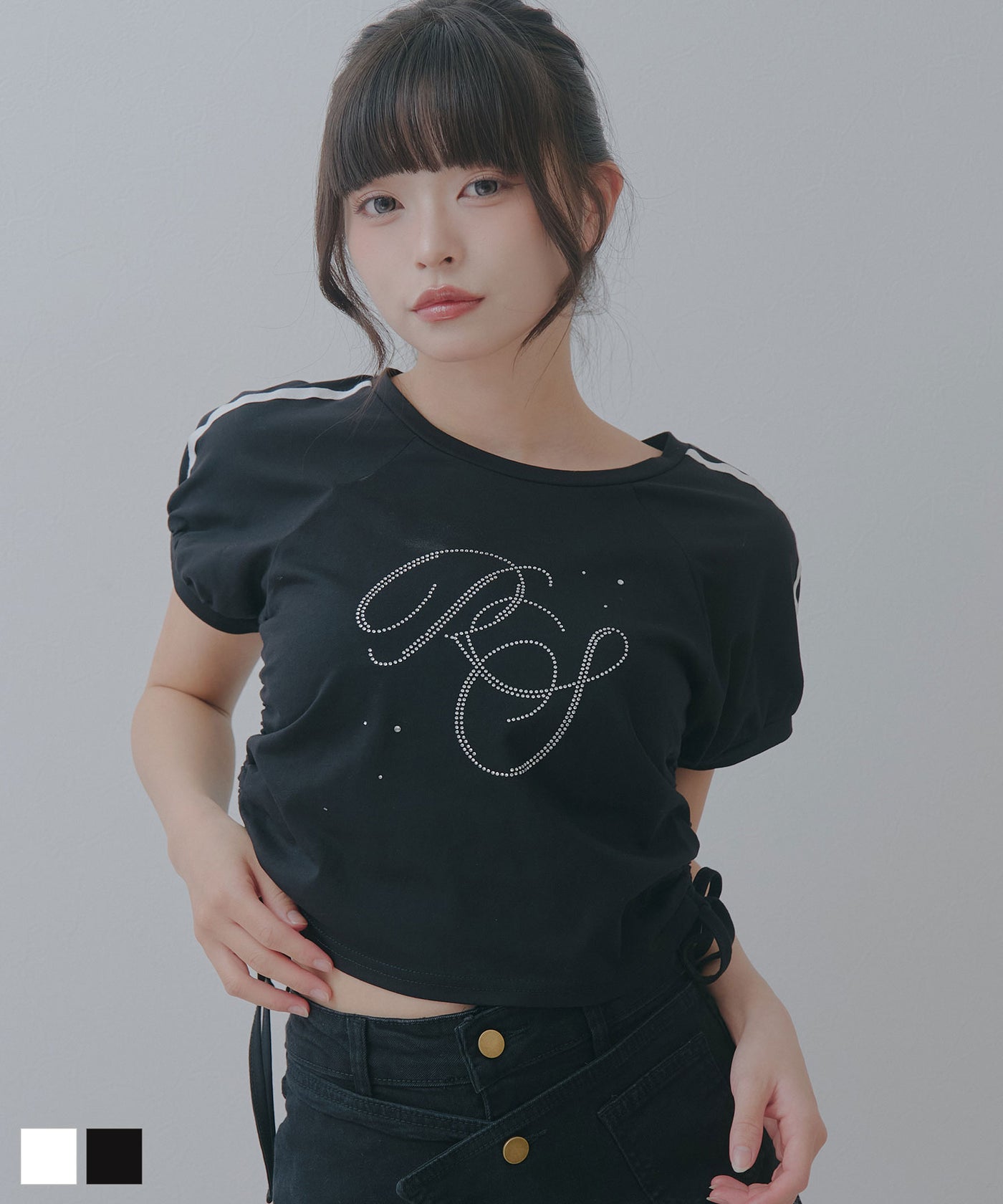 メール便】サイドドロストラインストーンロゴTシャツ【大きいサイズ 