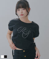 【メール便】サイドドロストラインストーンロゴTシャツ【大きいサイズ有り】