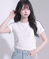 【メール便】サイドドロストラインストーンロゴTシャツ【大きいサイズ有り】