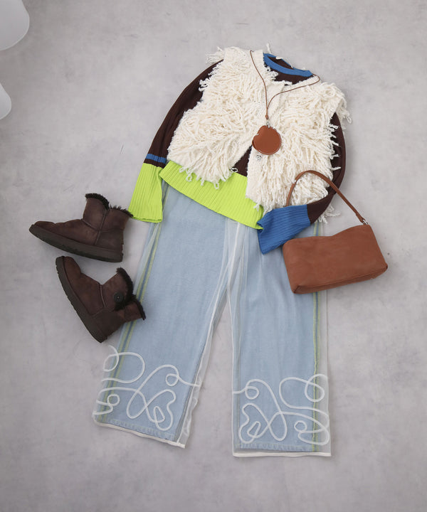 【予約　12/17発送】【メール便】裾コード刺繍チュールレイヤードパンツ