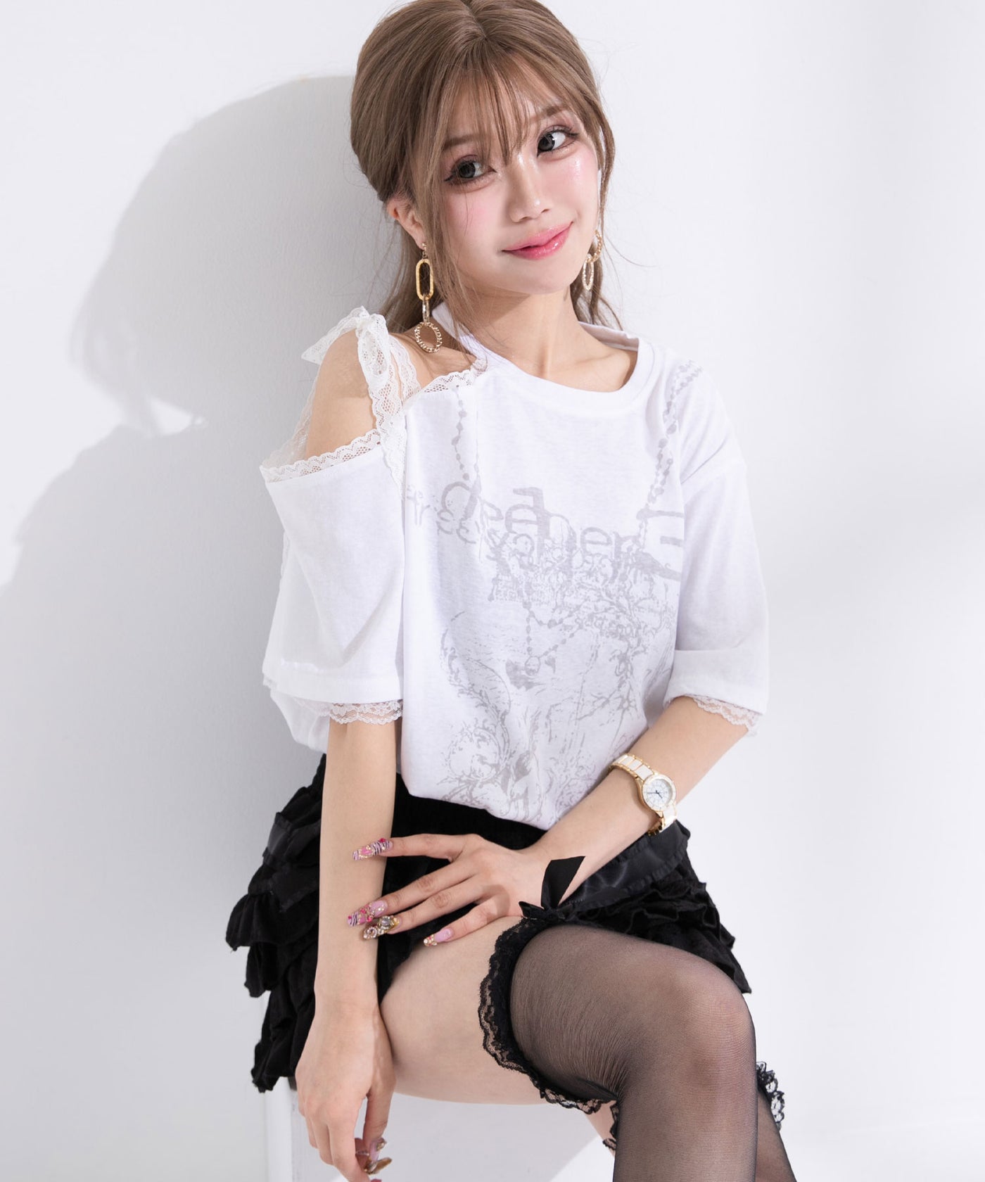 リボン ① シルバープリント肩魅せレースリボンワンショルダーカットソー