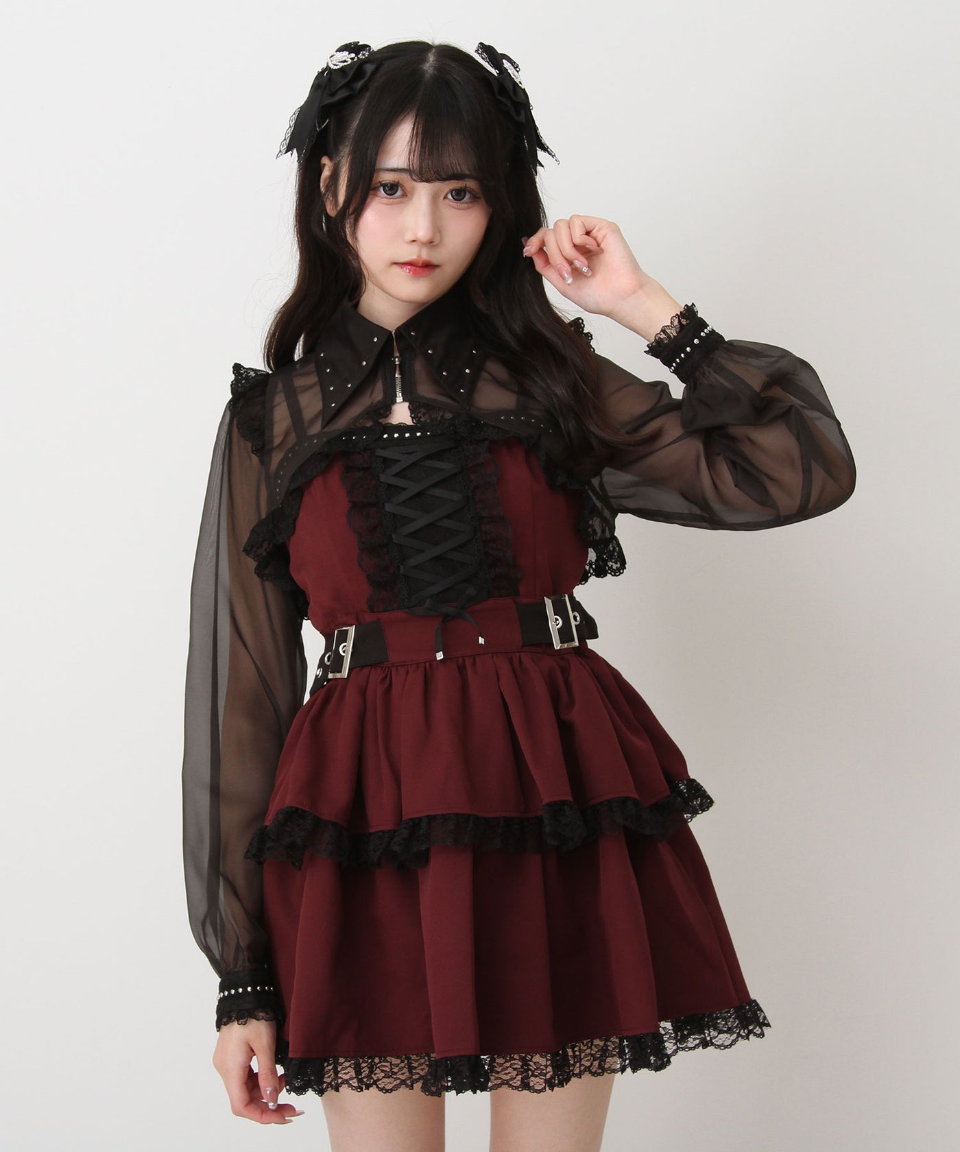 スタッズジップシアーボレロレースフリルキャミワンピース