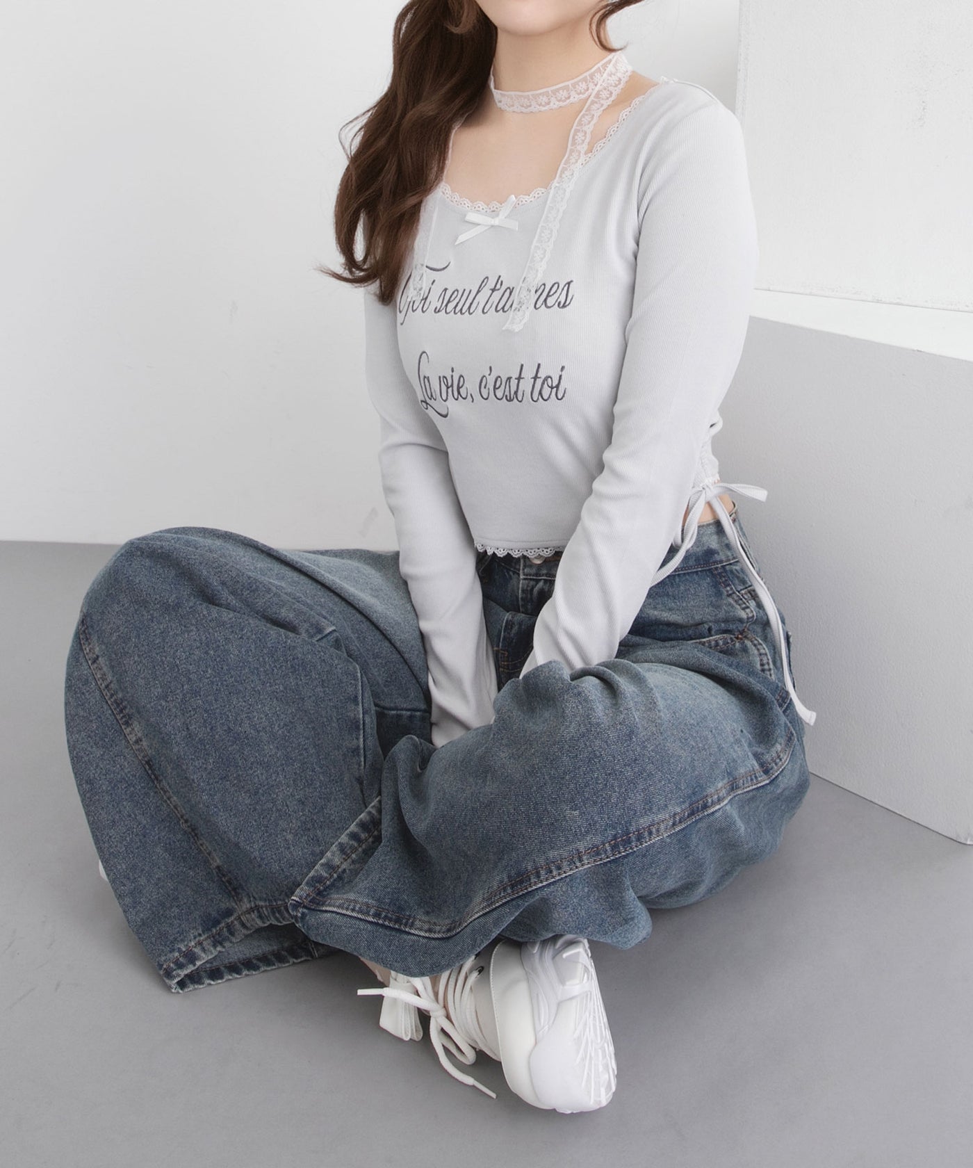 刺繡レタリングクロップドカットソー【大きいサイズ有り