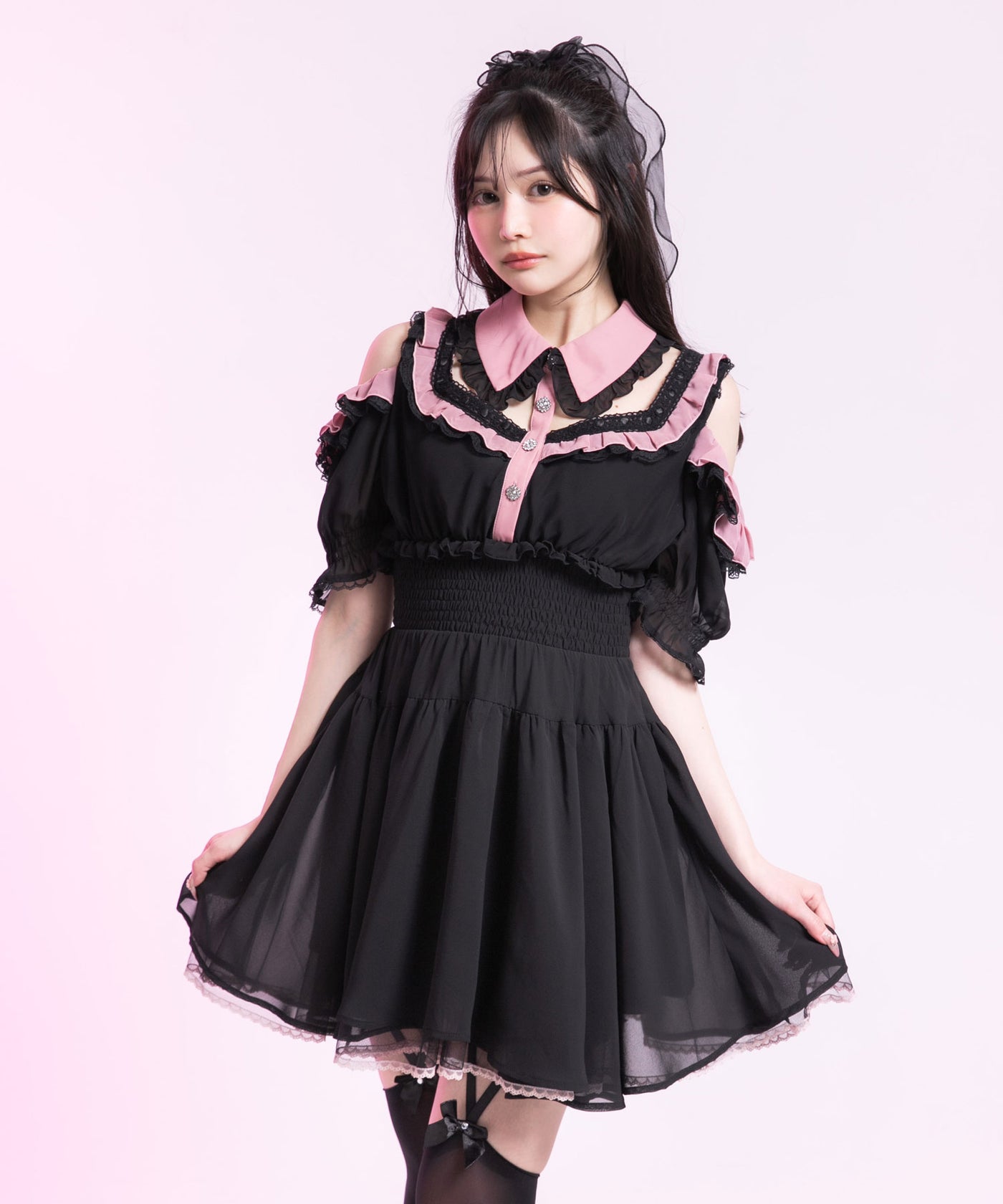 ミニ丈/ロング丈肌魅せウエストシャーリングフレアシフォンワンピース