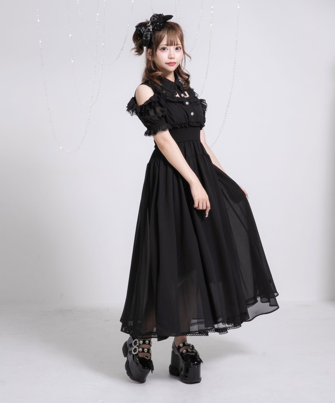ミニ丈/ロング丈肌魅せウエストシャーリングフレアシフォン