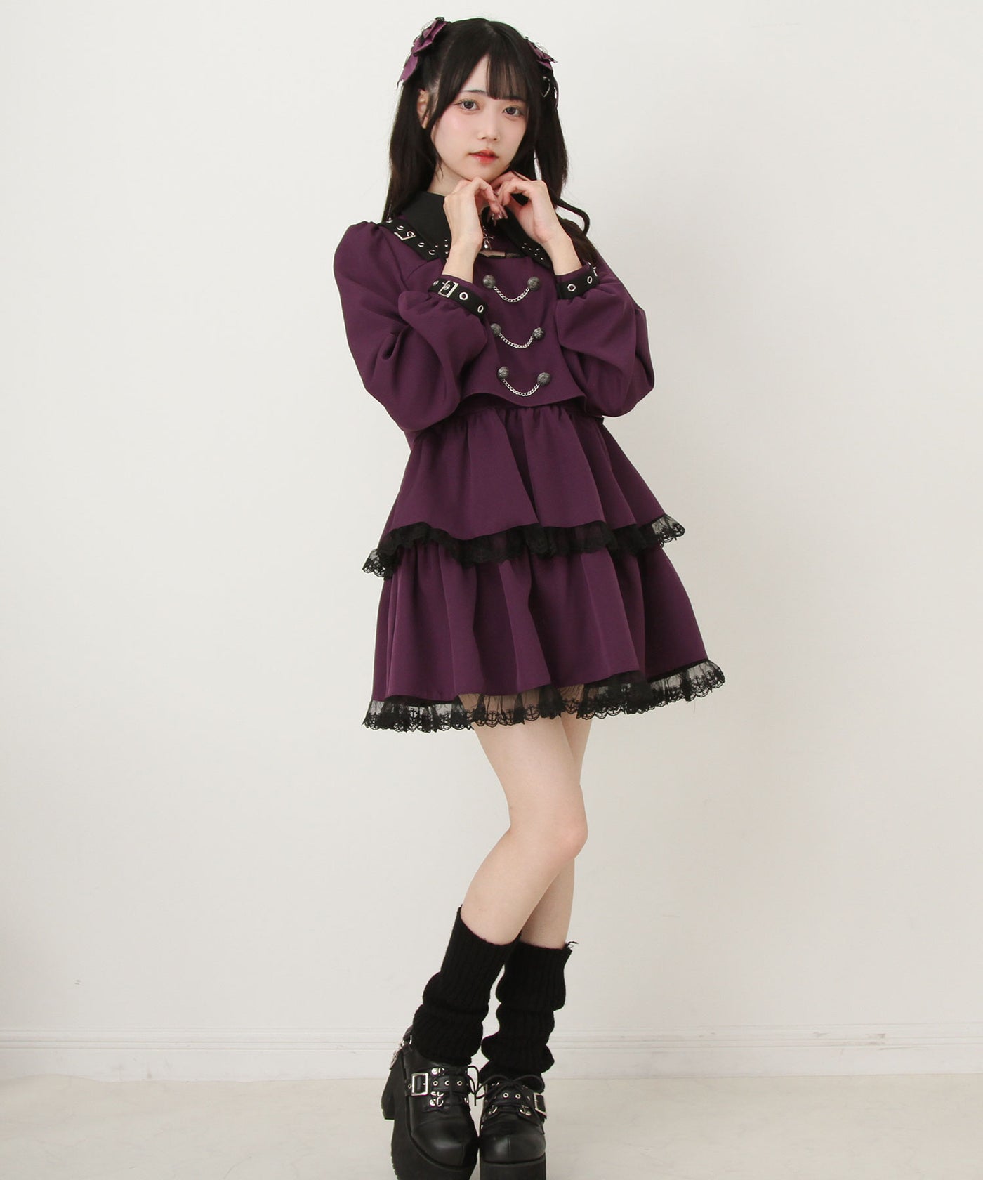 タグ付き　地雷系　夢展望　角襟十字架スタッズベルトティアードワンピース　チェック 秋冬新作クーポン対象】角襟十字架スタッズベルトティアードワンピース