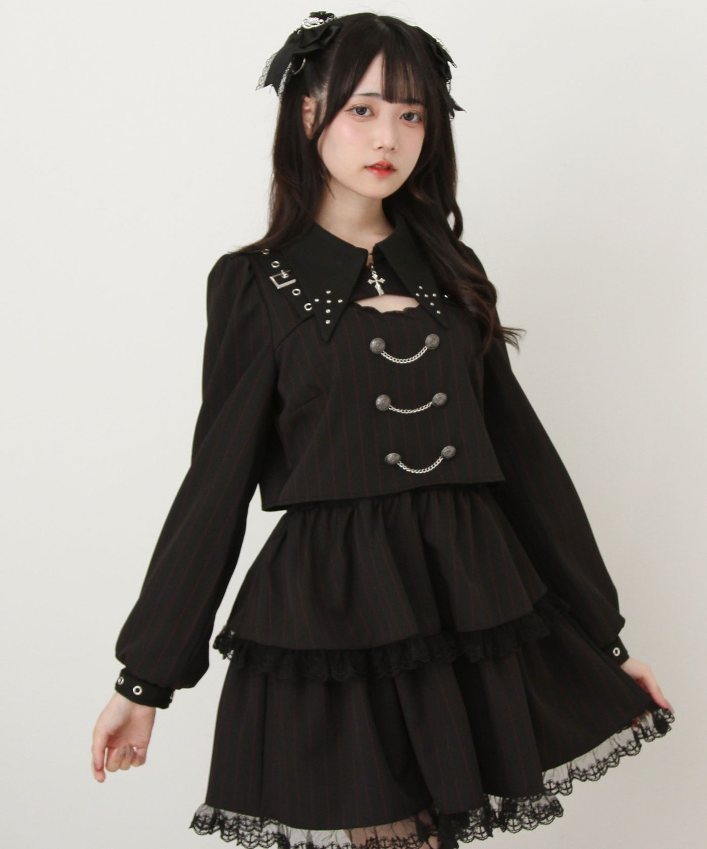 タグ付き　地雷系　夢展望　角襟十字架スタッズベルトティアードワンピース　チェック 角襟十字架スタッズベルトティアードワンピース – レディース