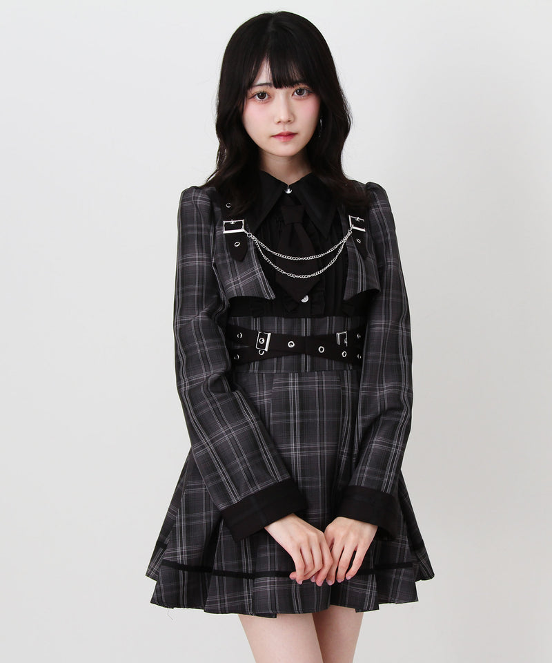 ディアマイラブ ジャケット風チェーンネクタイベルトプリーツワンピース グレー ジャケット風チェーンネクタイベルトプリーツワンピース – レディース