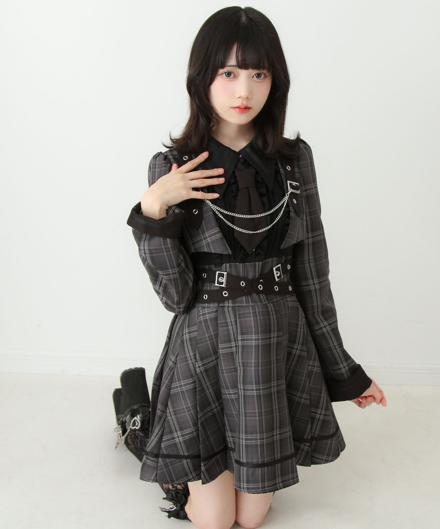 夢展望 DearMyLove ジャケット風チェーンネクタイワンピース チェック 予約 10/29発送】ジャケット風チェーンネクタイベルトプリーツ