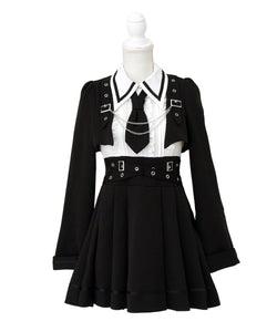 ジャケット風チェーンネクタイベルトプリーツワンピース