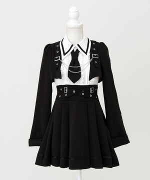 ジャケット風チェーンネクタイベルトプリーツワンピース