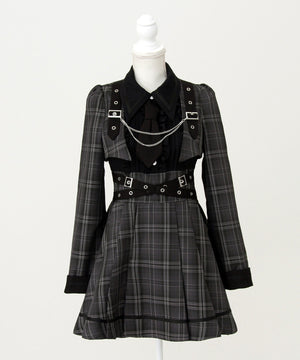 ジャケット風チェーンネクタイベルトプリーツワンピース
