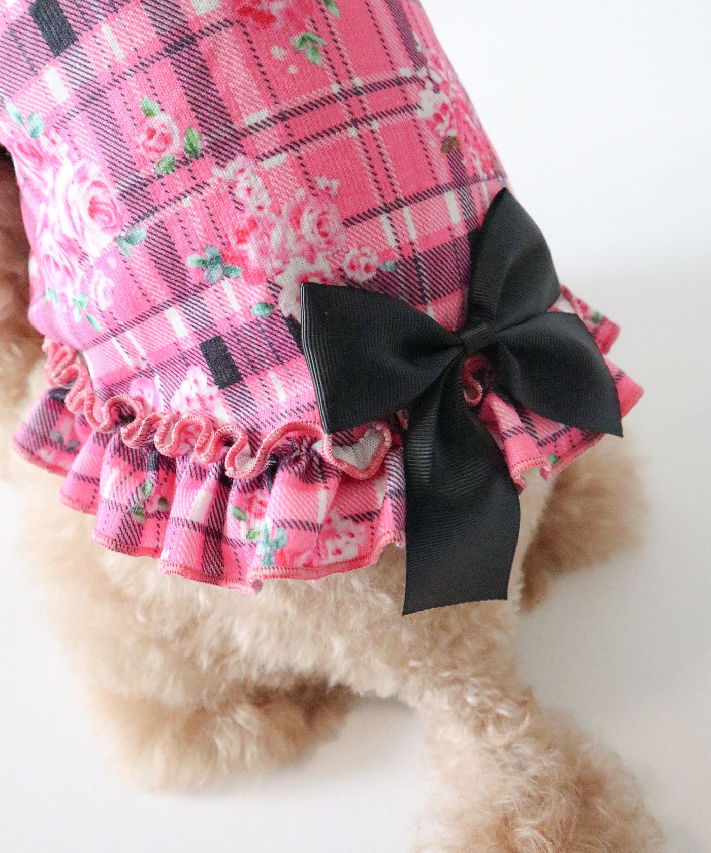 メール便】花柄×ピンクチェック柄フリフリTシャツ姫ギャル犬服